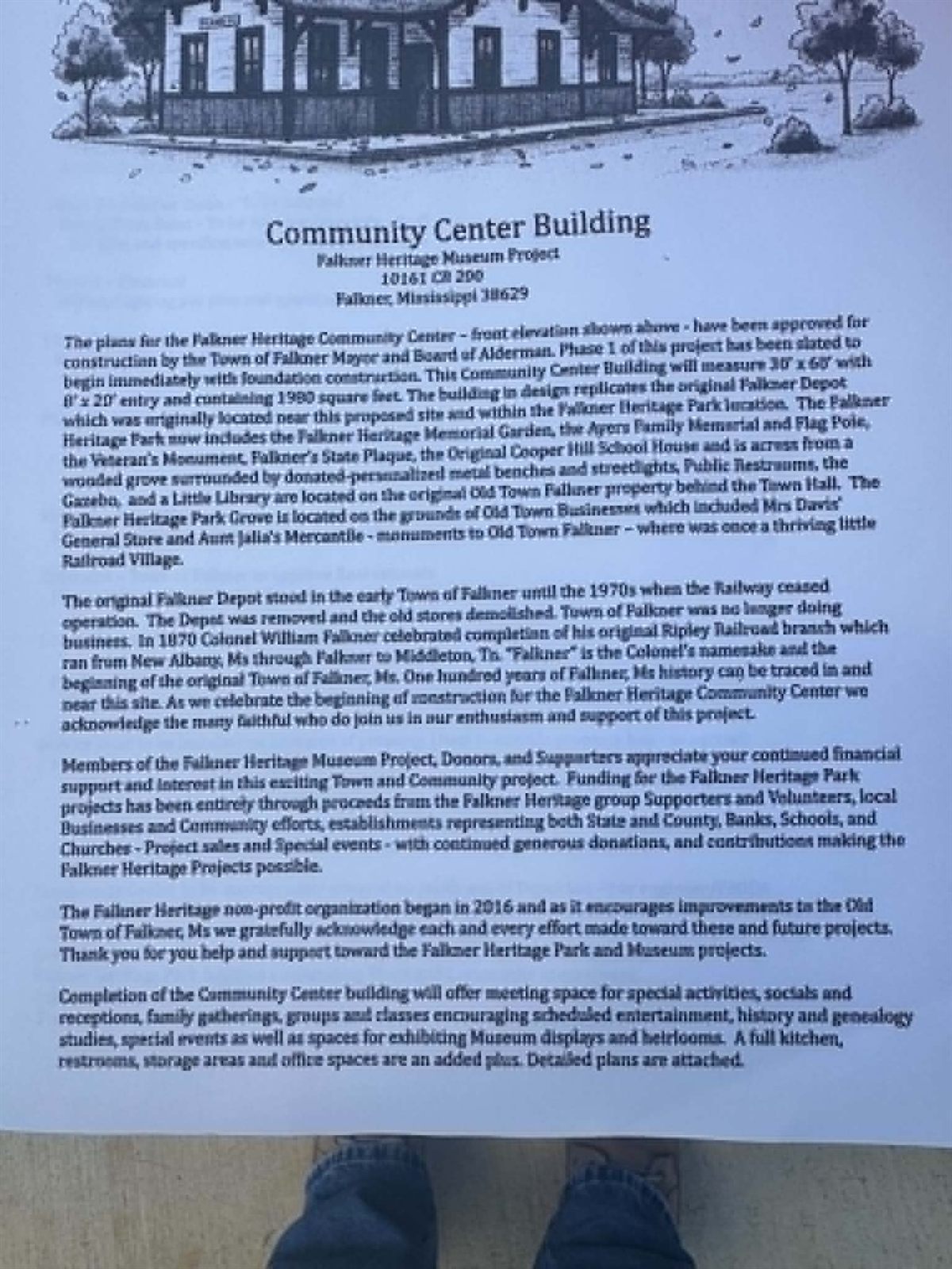 The printed Community Center Building announcement from the Falkner Heritage Museum Project, headed by a line drawing of the depot-style building.